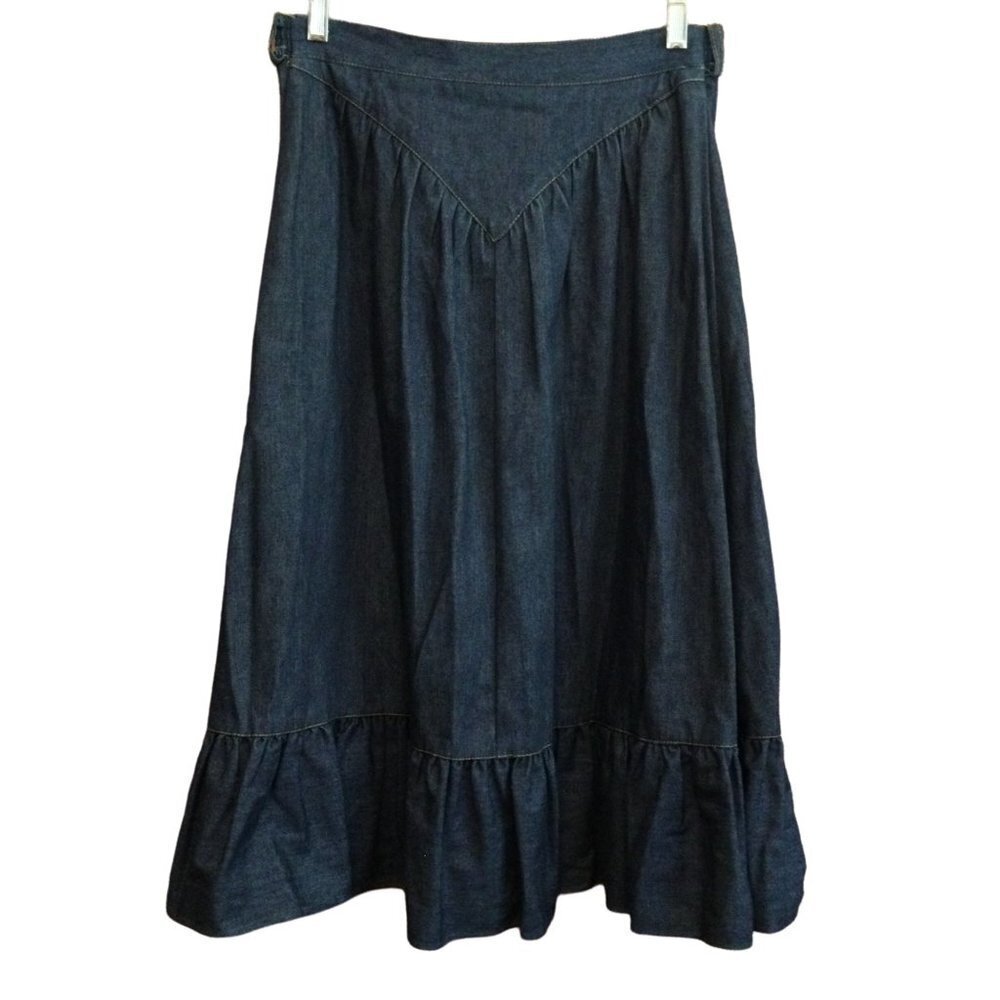 Vintage Denim midi skirt size 7 ruffle layered western pull on modest
